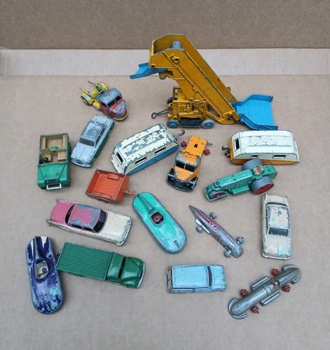 Job lot of 17  Vintage Dinky Toys  Cars , Caravans , Elevator Loader , Truck etc