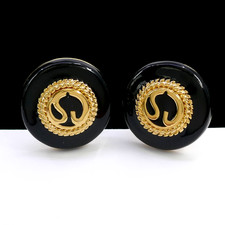 VINTAGE ST. JOHN LOGO BLACK ENAMEL GOLD-PLATED ROUND CLIP-ON COUTURE EARRINGS