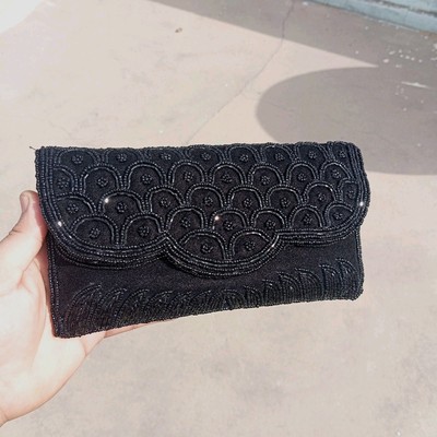 Luxury Black Velvet Beaded Clutch Purse   Handmade Indian Wedding Party Bag 