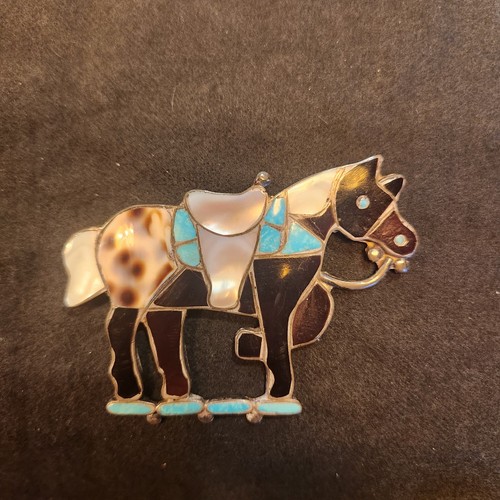Vintage Zuni Inlayed Stone Brooch, Signed By Zuni Artist Nora Leekity.