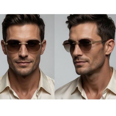 Fashion Mens Rimless Round Gold Sunglasses Brown Lens UV400 Sun Protection Gafas