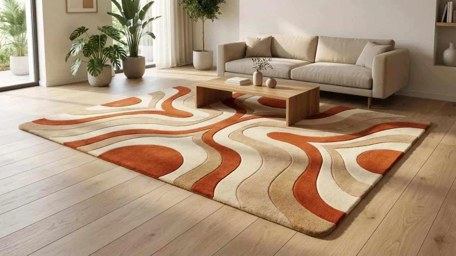 Retro Orange & Beige Area Rug – Modern Abstract Wave Carpet | Mid-Century Living