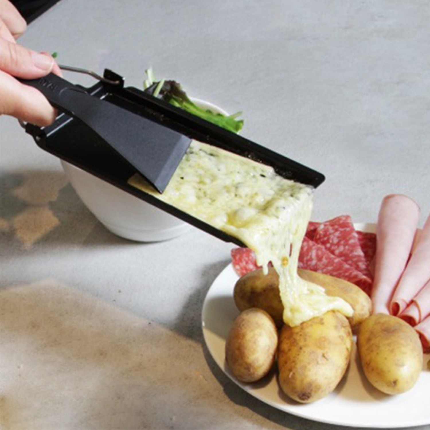 Non-Stick Raclette Grill Set Cheese Melter Pan With Spatula Foldable Wooden Hand