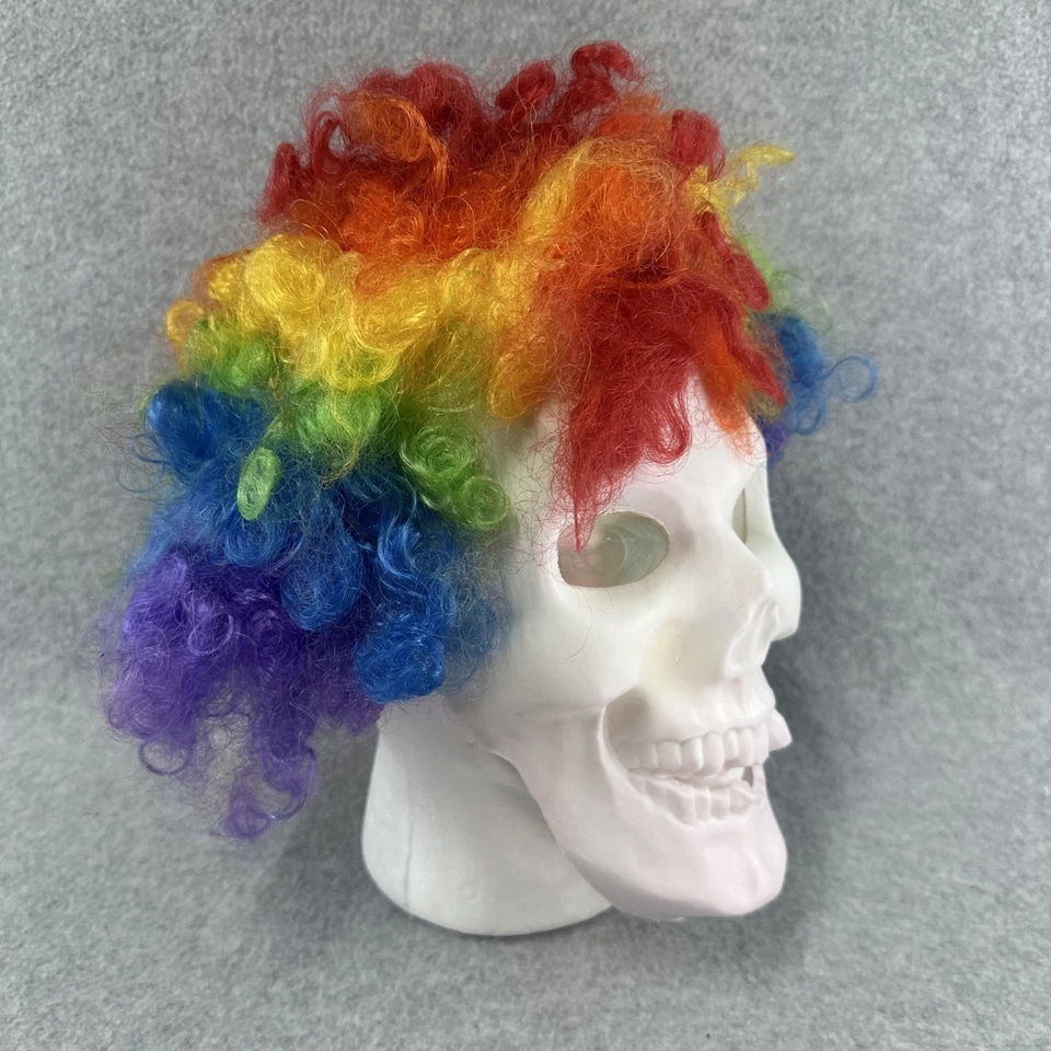Vintage Clown Halloween Mask with Holographic Eyes Rainbow Wig & Elastic Strap - Image 3 of 4