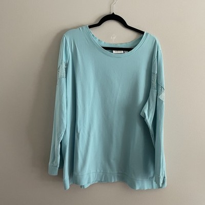 Denim & Co. Active 3X Light Aqua French Terry Long Sleeve Top With Lace Detail