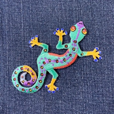 Gecko Applique Patch - Teal Embroidered Reptile Badge 3.5'' (Iron On)