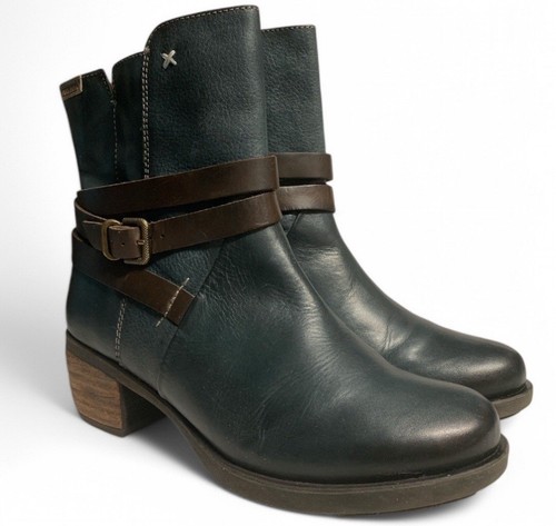 Pikolinos Women Buckle Strap Dark Cyan Leather Ankle Boots sz 8.5US EUR39
