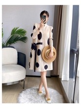 Pleats Please Issey Style Pleated Polkadot Print Dress with Buttons