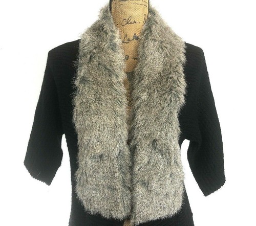 NWT BCBG Max Azria Cardigan SMALL Black Faux Fur Collar Half Sl Sweater $157 - Picture 2 of 7
