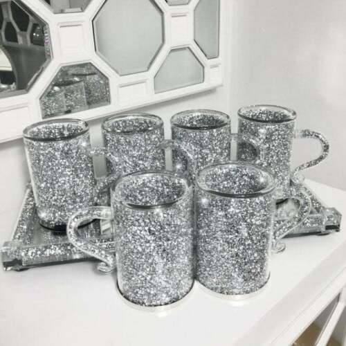 Crushed Diamond Crystal Filled Mugs Set Of 6 Silver Kitchen Tea Coffee Cups NEW - Picture 1 of 4