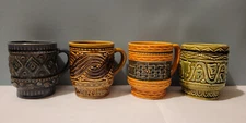 Vintage Japanese Stylecraft Patterned Tiki Mugs | Orange Blue Green Brown