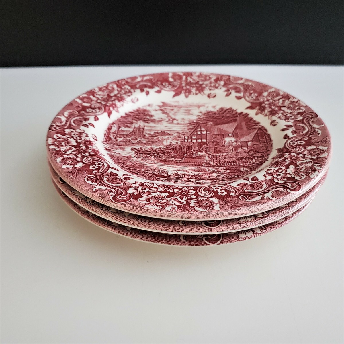 3 Staffordshire Engravings 17th Century Red Salad Plates 7 7/8