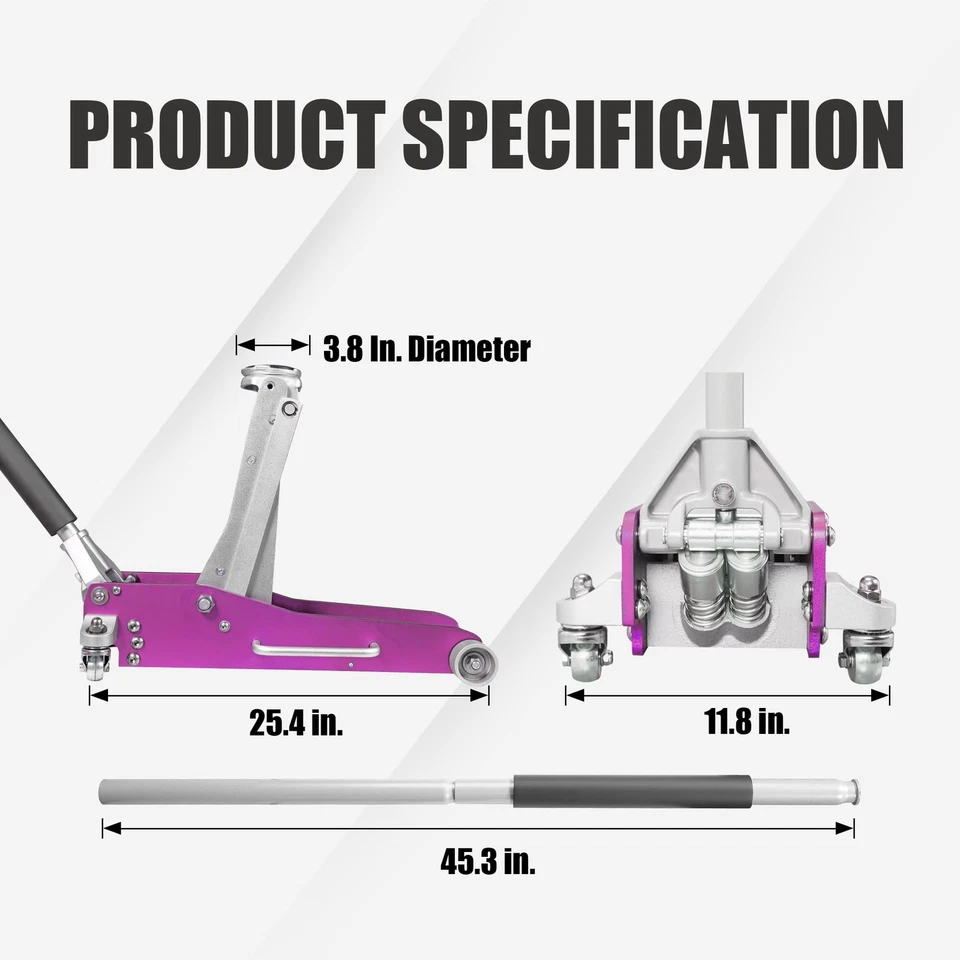 Torin 3 тонны (6000 фунтов) алюминиевый напольный домкрат двойной поршень быстрый подъем, розовый - Изображение 2 из 4