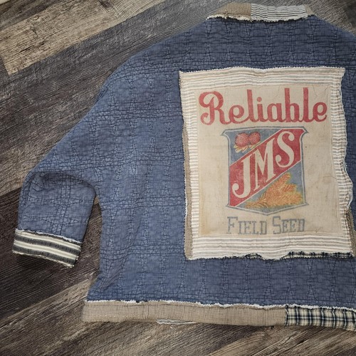 Handmade blue and tan quilt coat with vintage Reliable feed sack OS - Picture 7 of 10