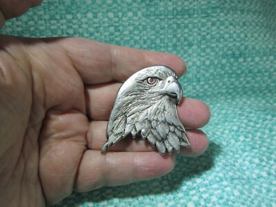 Vintage Eagle Head Metal Lapel Pin - Silver Tone with Red Eye - Large -/ U