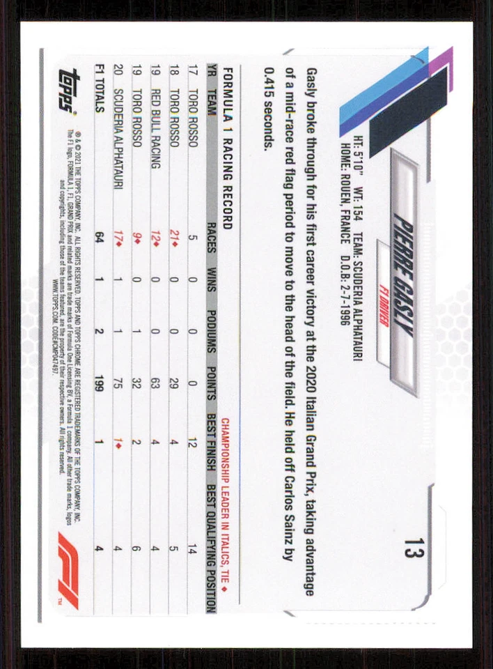 2021 Topps Chrome Formula 1 #13 Pierre Gasly - Image 2 of 2