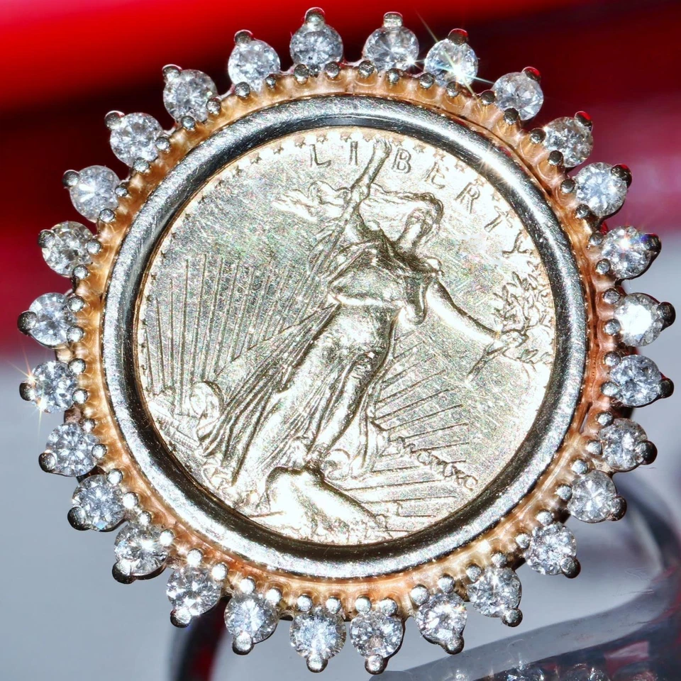 1/10 American eagle $5 gold coin 1.00ct diamond 14k yellow gold sz 7 ring 8.25gr - Image 2 of 4