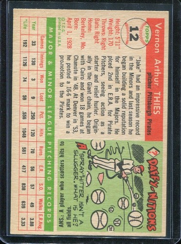 1955 Topps Baseball # 12 Jake Thies (EX-MT) Excellent to Mint - Picture 2 of 2