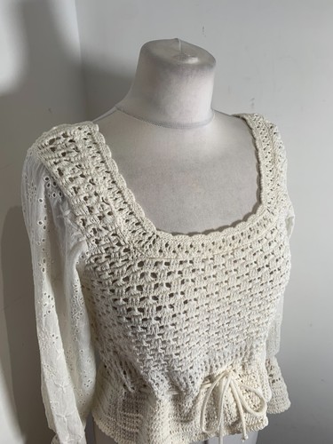 ZARA crochet knit smock top S VGC blouse ruffle lace cream festival pretty - Picture 3 of 10