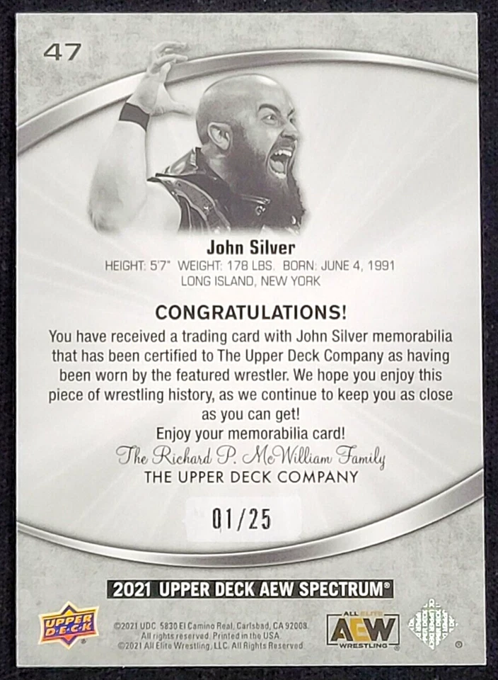2021 UPPER DECK AEW SPECTRUM JOHN SILVER DARK MEMORABILLIA #D 1/25 *ALPHA* - Image 2 of 2