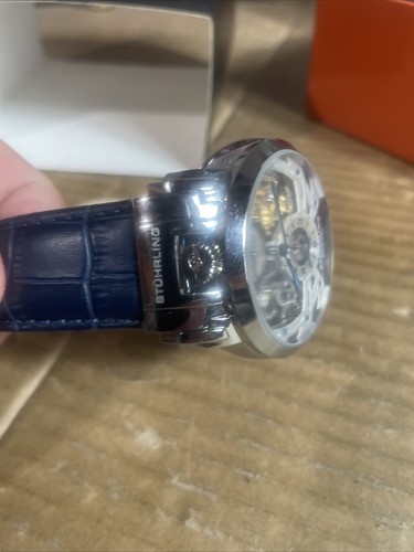 Stuhrling Men's Watch Blue Leather Automatic 90365 With Box 22 Jewel - Picture 11 of 17