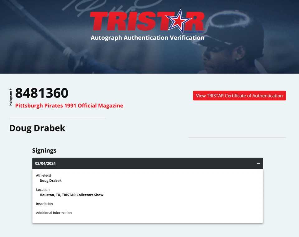 DOUG DRABEK Signed 1991 Pittsburgh Pirates Official Magazine Tristar Hologram - Image 3 of 4