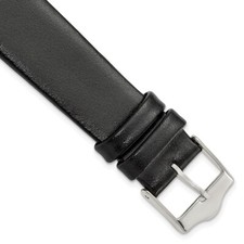 19mm 7.5" Flat Black Leather Silver-tone Buckle Watch Band