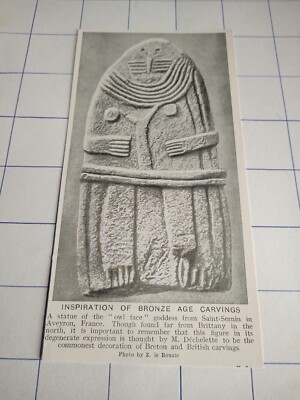 Bronzezeit Schnitzerei Statue Eule Gesicht Göttin Heilige Sernin Aveyron Frankreich um 1923
