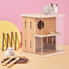 Wood Hamster House Hideout Hut 2 Tier Fun Exercise Pet Supplies Nest Habitat
