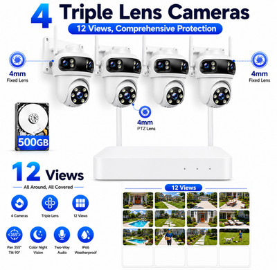Outdoor Security Camera System 4 Cam 3K Wireless PTZ Auto Tracking Triple Lens