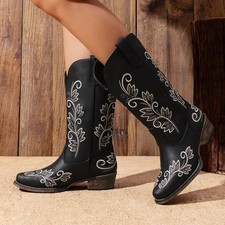 Women Embroidered Western Boots Mid Calf Boots Square Toe Pull On Cowboy Boots