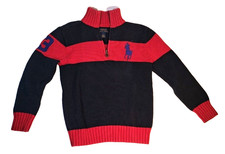 Polo Ralph Lauren 1/4 Zip Boys Sweater Size S 7 Big Pony Logo Blue Red Stripe
