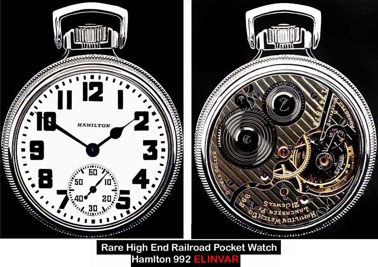 Display Back Main Liner Case RR Pocket Watch Hamilton 992-E Elinvar Serviced.
