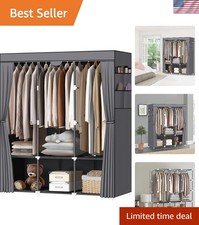 Portable Closet Wardrobe with 3 Hanging Rods 6 Shelves and Side Pockets Black