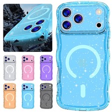 For iPhone 17 Pro Max Air 16 15 Mag Safe Glitter Clear Wavy Frame SlimPhone Case