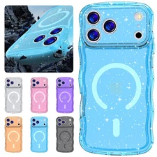 For iPhone 17 Pro Max Air 16 15 Mag Safe Glitter Clear Wavy Frame SlimPhone Case
