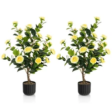 2-Pack 38" Artificial Camellia Tree Decor Faux Floral Plant in Cement Pot Yellow