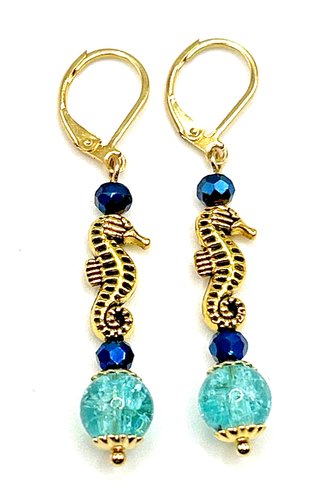 Seahorse Dangle Drop Leverback Earrings Glass Ocean Blue Beads Sea Life Beach