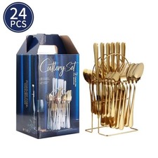 24PC CUTLERY DINNER SET STAINLESS STEEL METAL STAND RACK FORKS TEA SPOONS POLISH