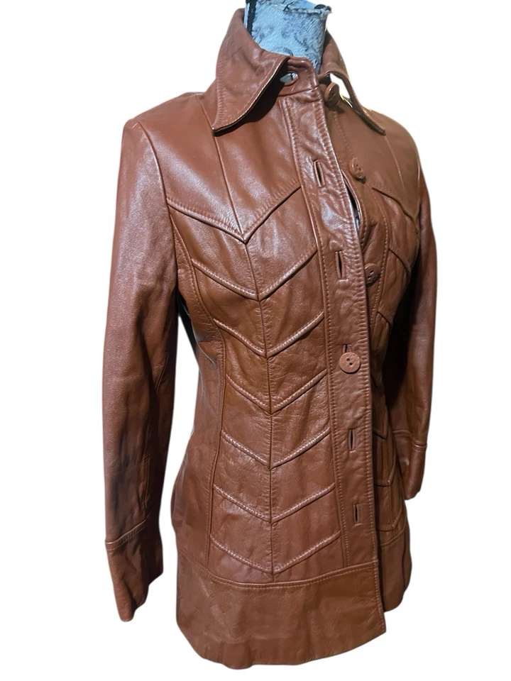De Colección Años 70 Montgomery Ward Camisa Chaqueta The Tanner Mujer Talla 9/10 Cuero Marrón Foto 3 de 4