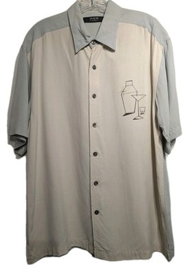 Rare Y2K AXIS LA Shirt Men L Silk Martini Graphic Short Sleeve Button Water Spot