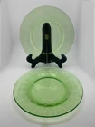 2 Pc Green Vaseline Federal Colonial Fluted Rope 8 1/4" Luncheon Plates