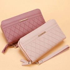 Women's Leather Wallet Double Zipper Clutch Long Purse Phone Wristlet Handbag