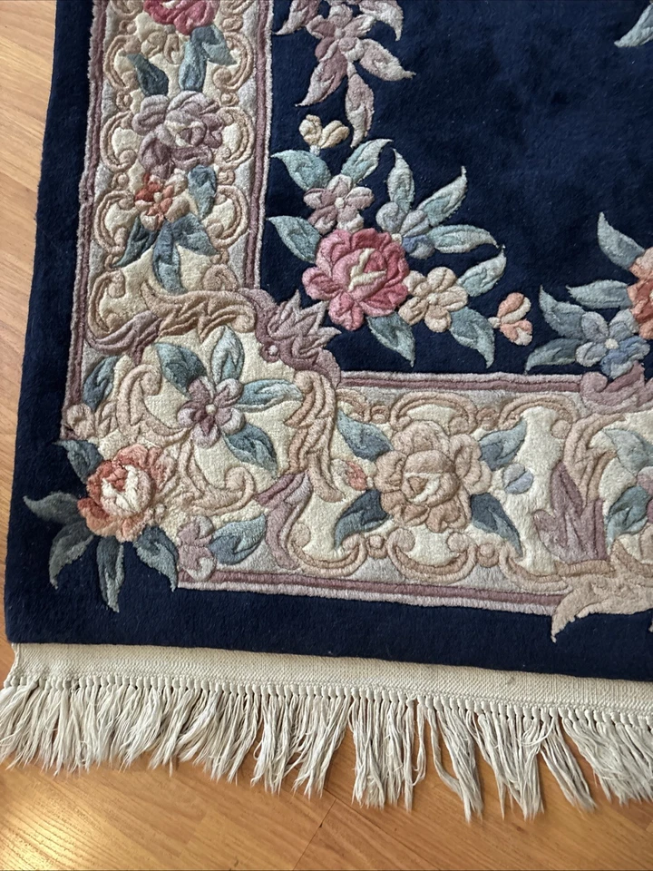 Tibetan 4' x 6' Oriental Hand-knotted Royal Blue Wool Floral Area Rug - Image 3 of 4