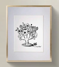 Original Ink Floral Drawing on Watercolor Paper_ Minimalist Art Signed by Artist