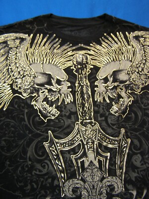 Xzavier T-Shirt Raised Gold Metallic Winged Skulls Design Black
