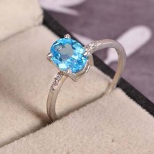 Natural Blue Topaz Ring Dainty Stacking Minimalist Simple 925 Sterling Silver