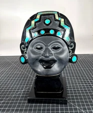Vintage Beautiful Black Obsidian Carved Olmec Head With Turquoise Inserts female