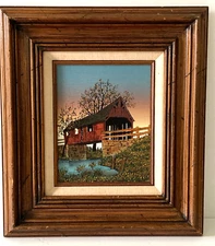 H. Hargrove Oil Painting Canvas "Genuine Covered Bridge" 19" x 17"