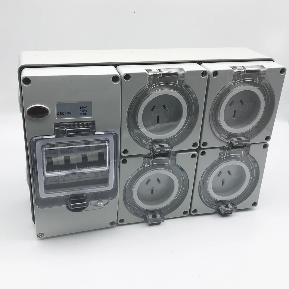 4X 15 AMP Single Phase 3 Pin Socket Outlet IP66 Weatherproof RCBO 4.5ka — 第 2/4 张图片